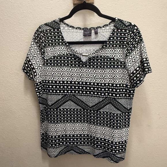 Rafaella Women's Short Sleeve Top Size XL Shirt Black/White Geometric Stretch - Picture 1 of 7